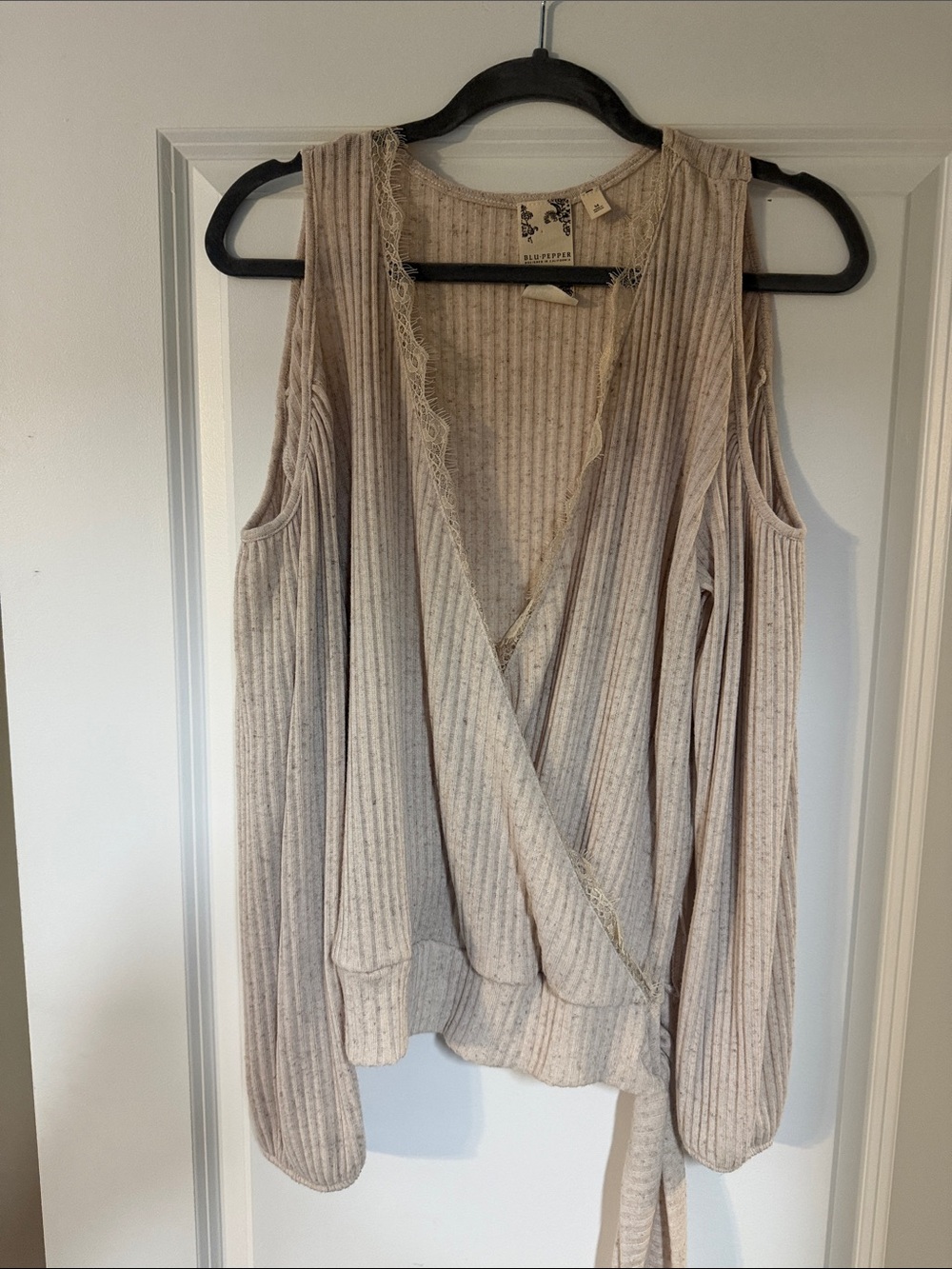 Blu Pepper Light Beige Ribbed Cold-Shoulder Wrap Cardigan